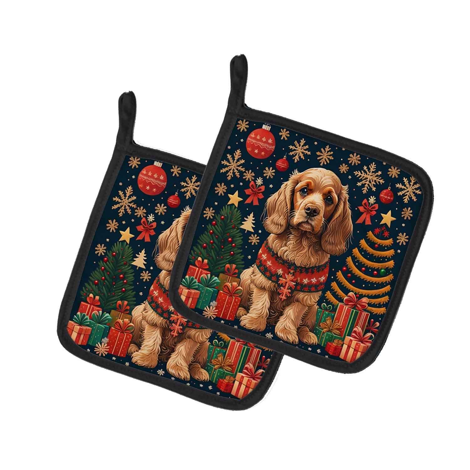 Cocker Spaniel Christmas Pot Holder Set of 2 Heat Resistant Quilted Hot Pads 7.5 x 7.5 Inch, Insulated Kitchen Trivets for Cooking & Baking