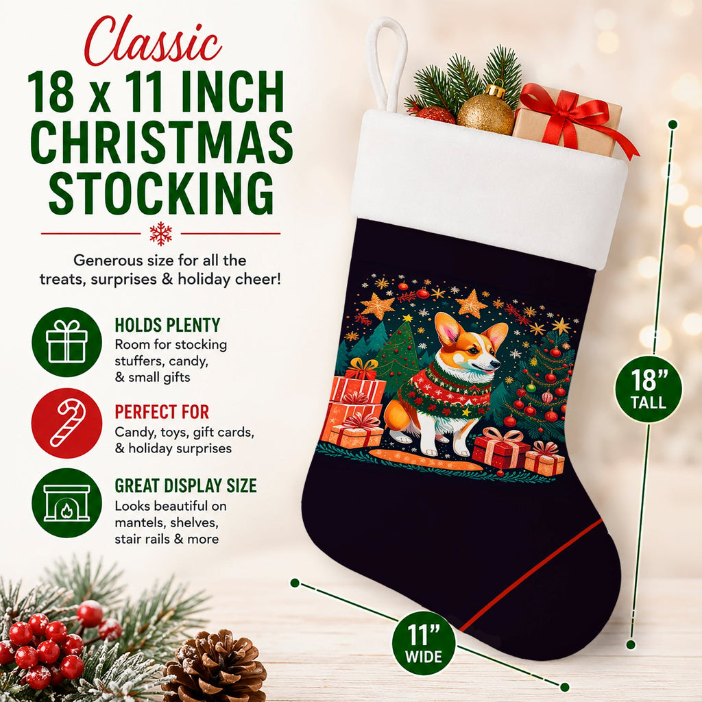 Corgi Christmas Holiday Stocking Double-Sided Print, Polyester Suede,11x18, Made in USA
