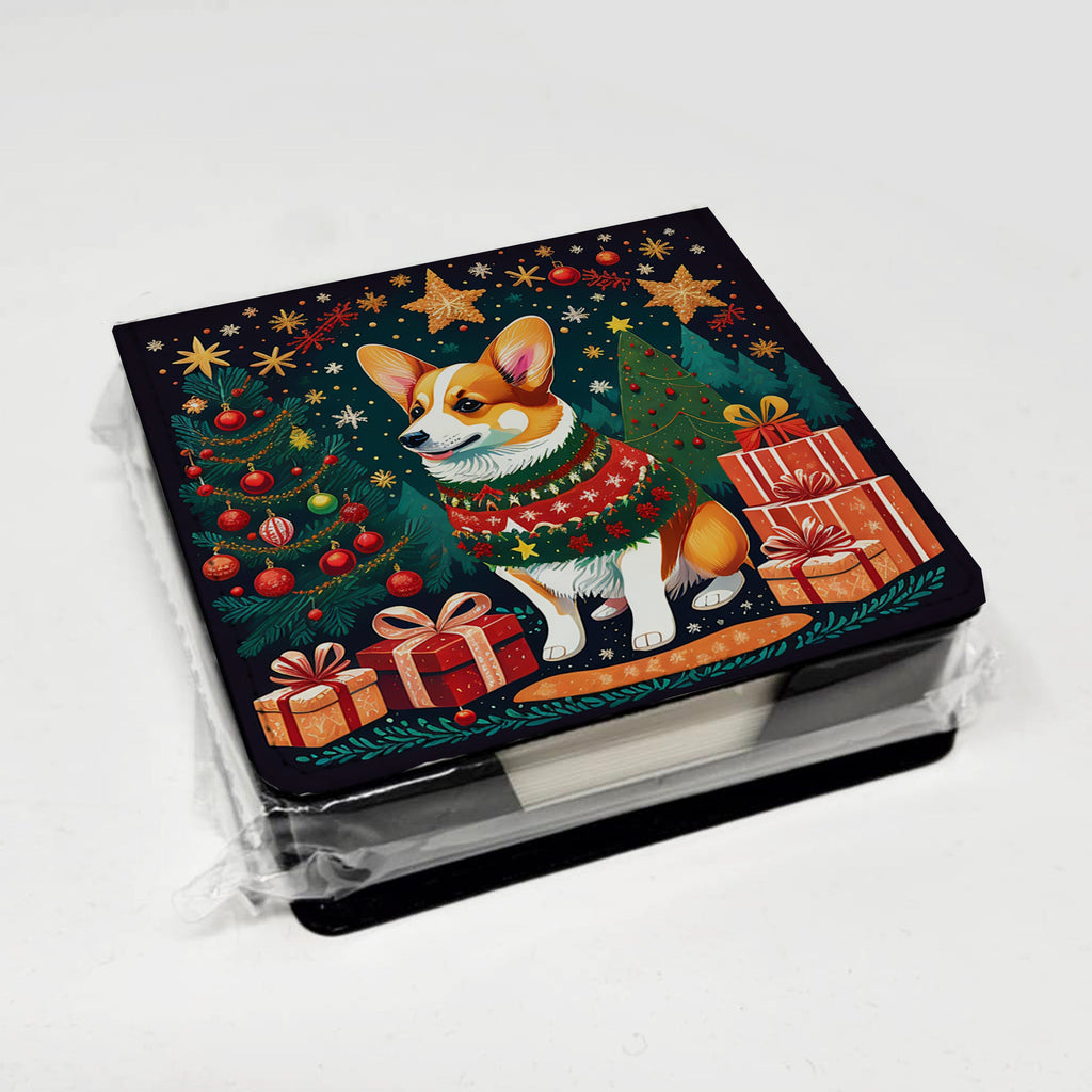 Corgi Christmas PU Leather Note Paper Holder with Artist-Designed Cover, Desk Accessory, Office Gift
