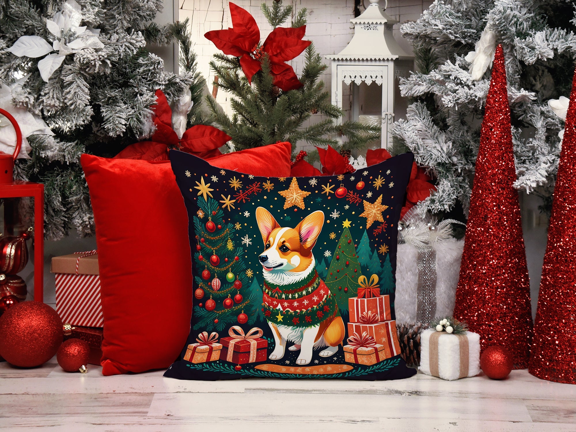 Corgi Christmas Decorative Throw Pillow 18x18 Indoor Outdoor Accent Cushion, Fabric Cover with Insert for Sofa, Bed, Porch & Living Room