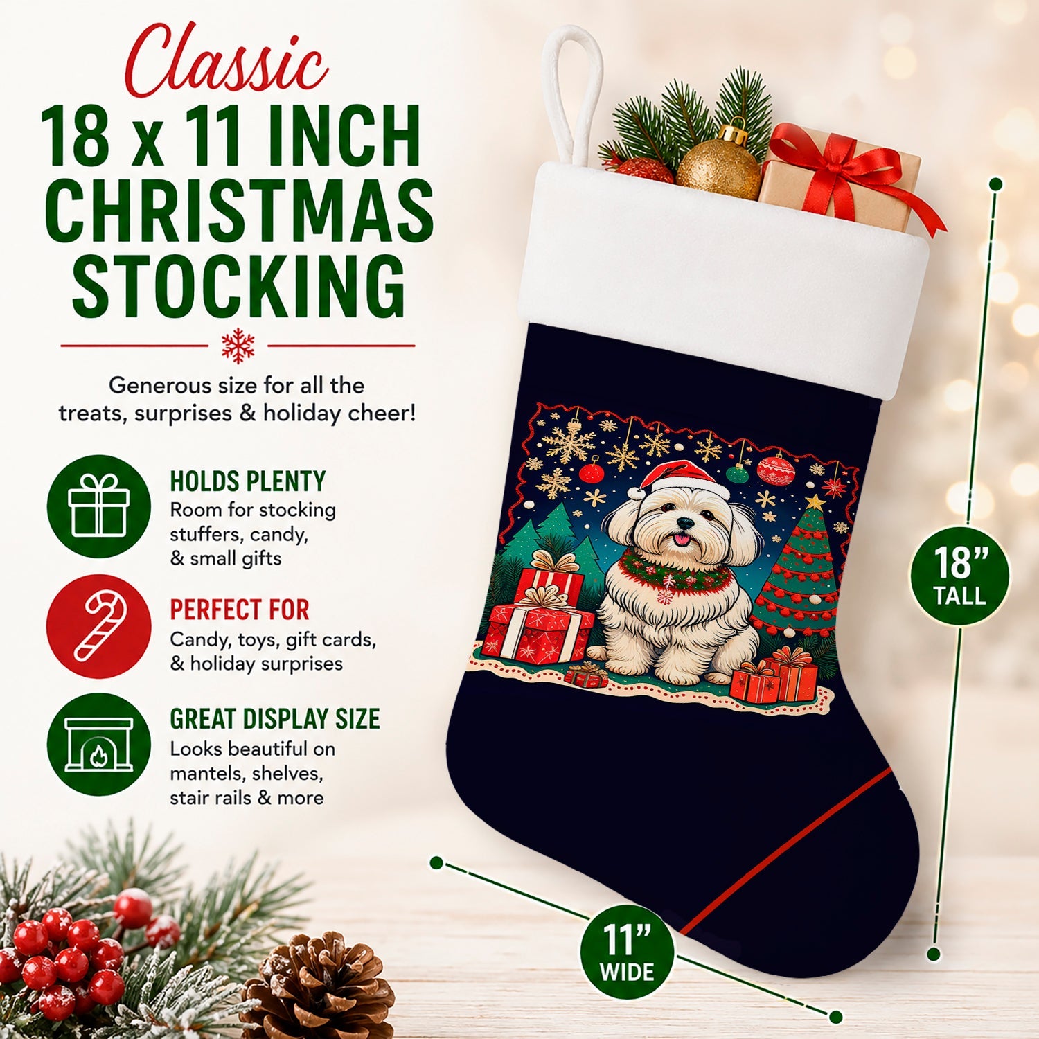 Coton De Tulear Christmas Holiday Stocking Double-Sided Print, Polyester Suede,11x18, Made in USA