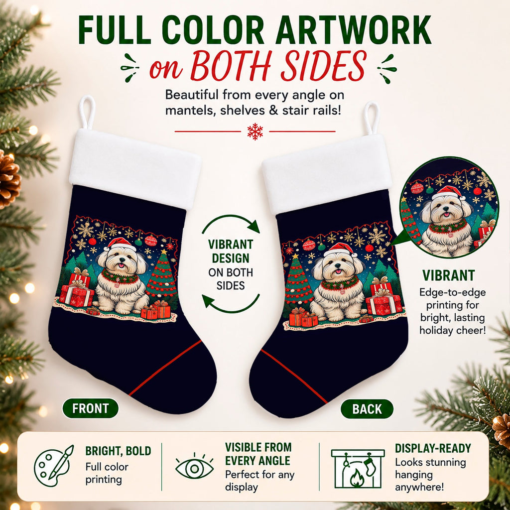 Coton De Tulear Christmas Holiday Stocking Double-Sided Print, Polyester Suede,11x18, Made in USA