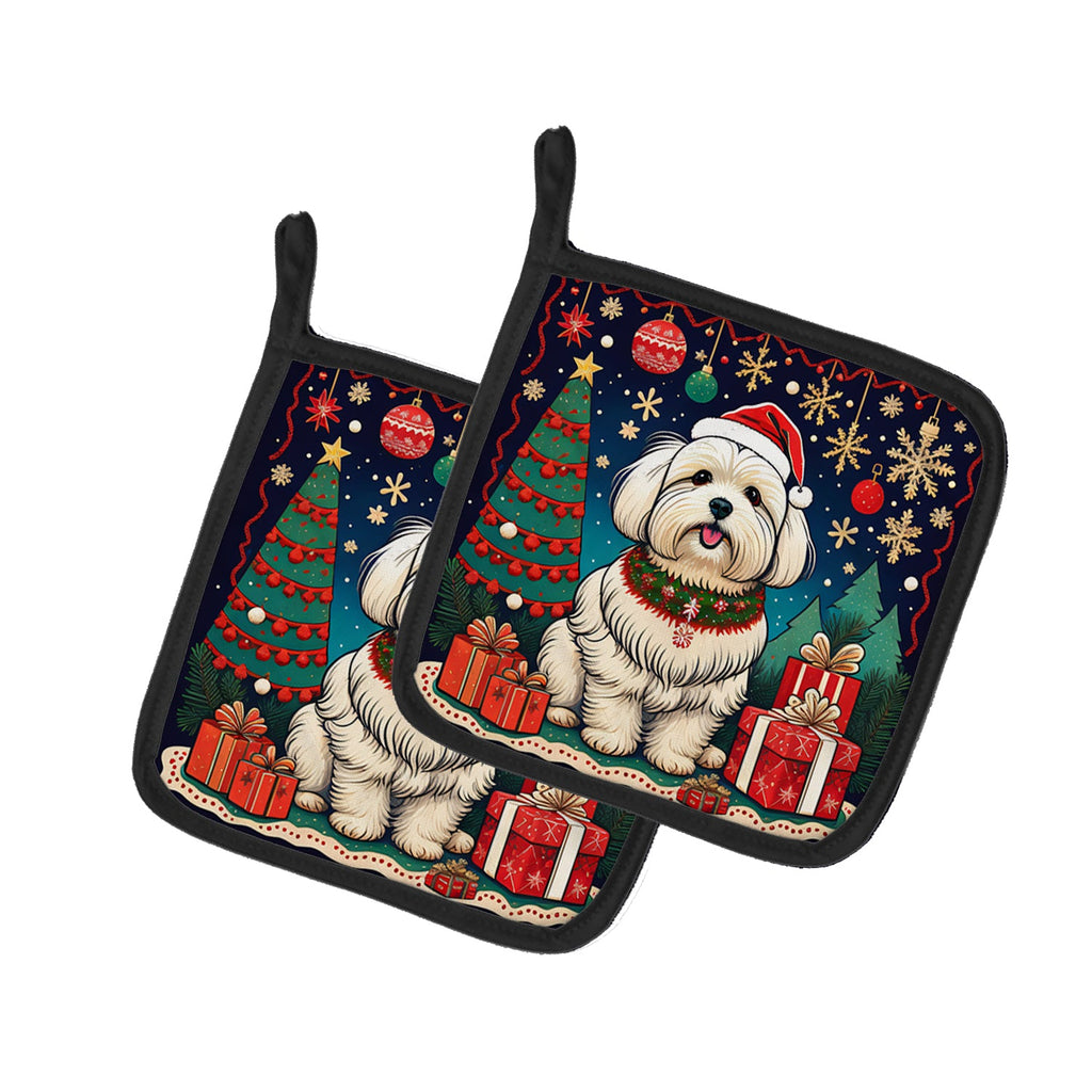 Coton De Tulear Christmas Pot Holder Set of 2 Heat Resistant Quilted Hot Pads 7.5 x 7.5 Inch, Insulated Kitchen Trivets for Cooking & Baking