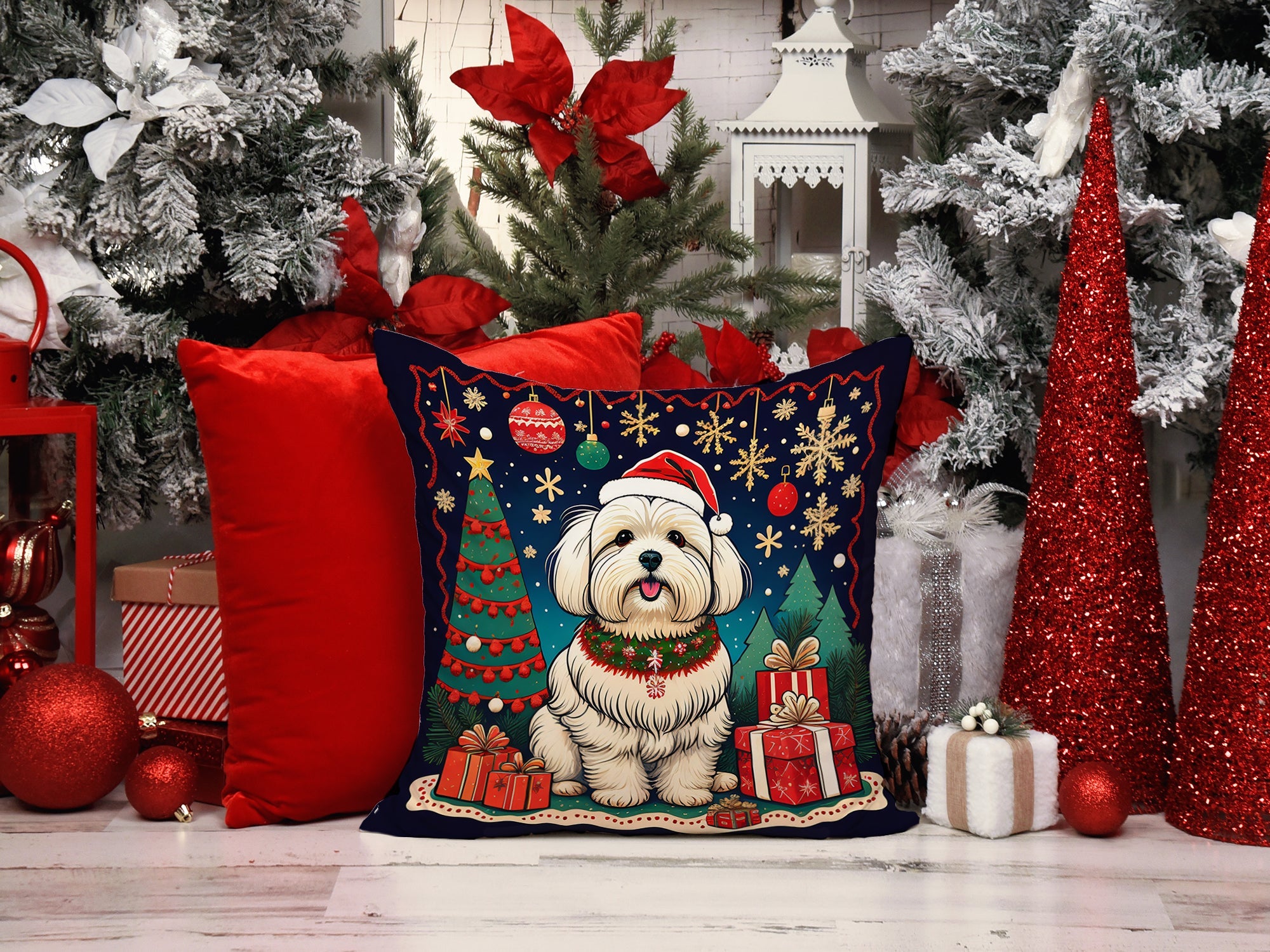 Coton De Tulear Christmas Decorative Throw Pillow 14x14 Indoor Outdoor Accent Cushion, Fabric Cover with Insert for Sofa, Bed, Porch & Living Room