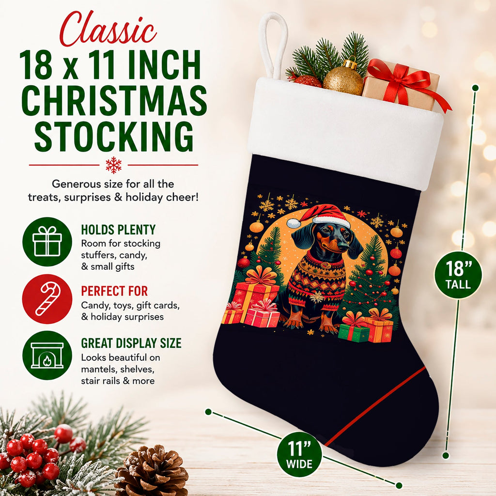 Black and Tan Dachshund Christmas Holiday Stocking Double-Sided Print, Polyester Suede,11x18, Made in USA