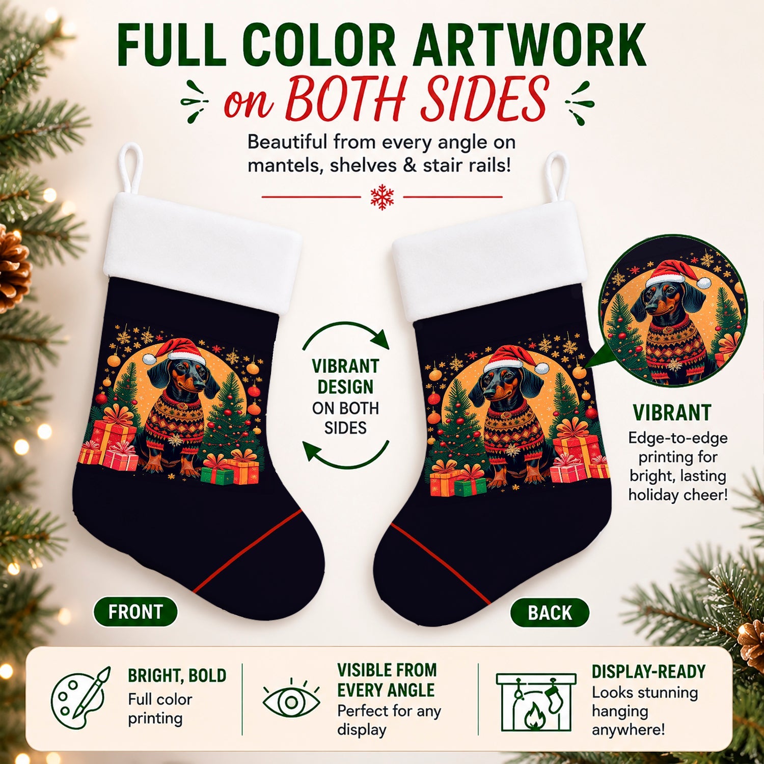 Black and Tan Dachshund Christmas Holiday Stocking Double-Sided Print, Polyester Suede,11x18, Made in USA