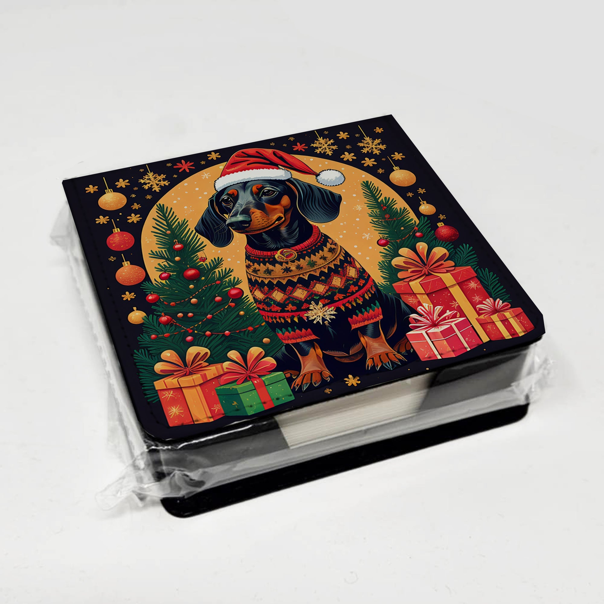 Black and Tan Dachshund Christmas PU Leather Note Paper Holder with Artist-Designed Cover, Desk Accessory, Office Gift