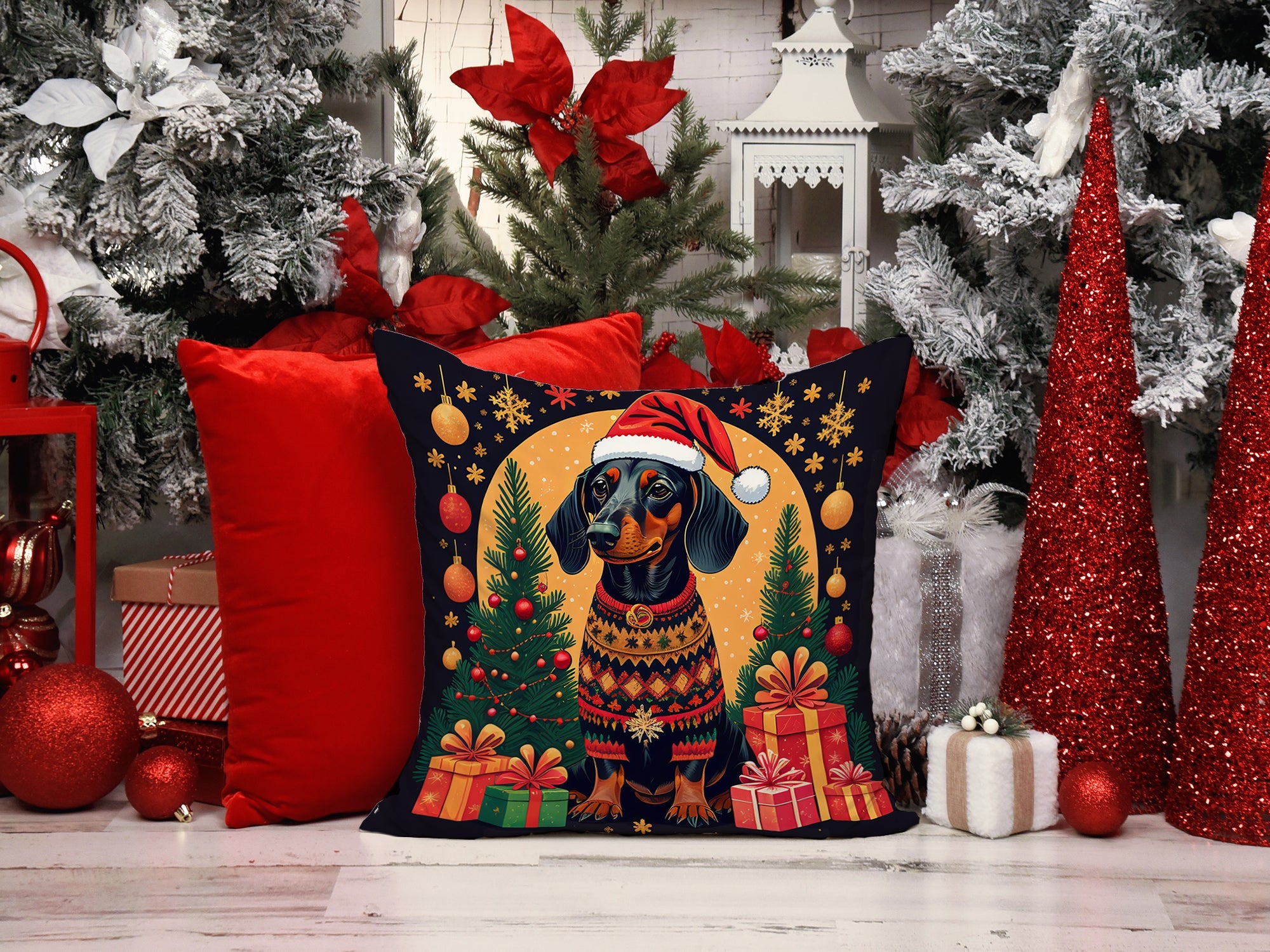 Black and Tan Dachshund Christmas Decorative Throw Pillow 14x14 Indoor Outdoor Accent Cushion, Fabric Cover with Insert for Sofa, Bed, Porch & Living Room