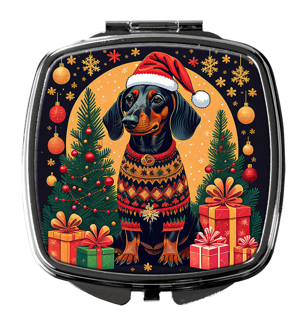 Black and Tan Dachshund Christmas Compact Mirror Decorative Travel Makeup Mirror for Women Girls Gifts Pocket Makeup Mirror Folding Handheld