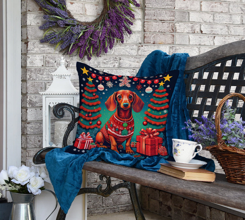 Dachshund Christmas Decorative Throw Pillow 18x18 Indoor Outdoor Accent Cushion, Fabric Cover with Insert for Sofa, Bed, Porch & Living Room