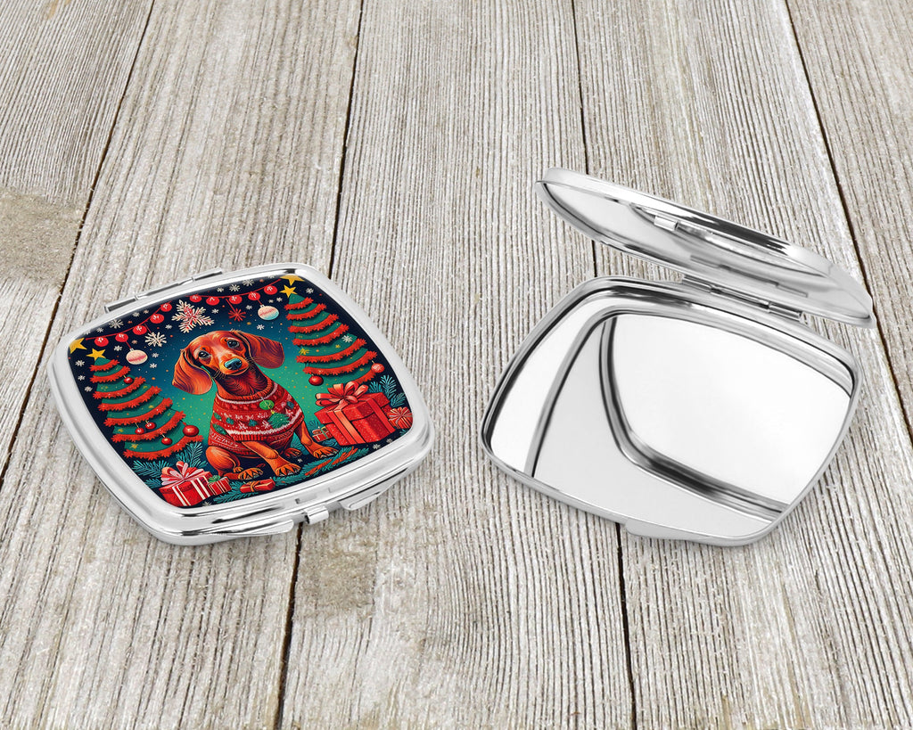 Dachshund Christmas Compact Mirror Decorative Travel Makeup Mirror for Women Girls Gifts Pocket Makeup Mirror Folding Handheld