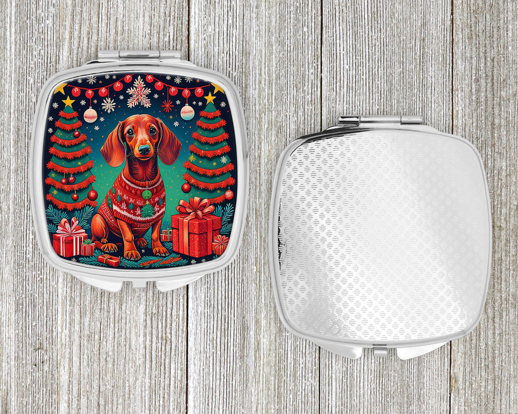 Dachshund Christmas Compact Mirror Decorative Travel Makeup Mirror for Women Girls Gifts Pocket Makeup Mirror Folding Handheld