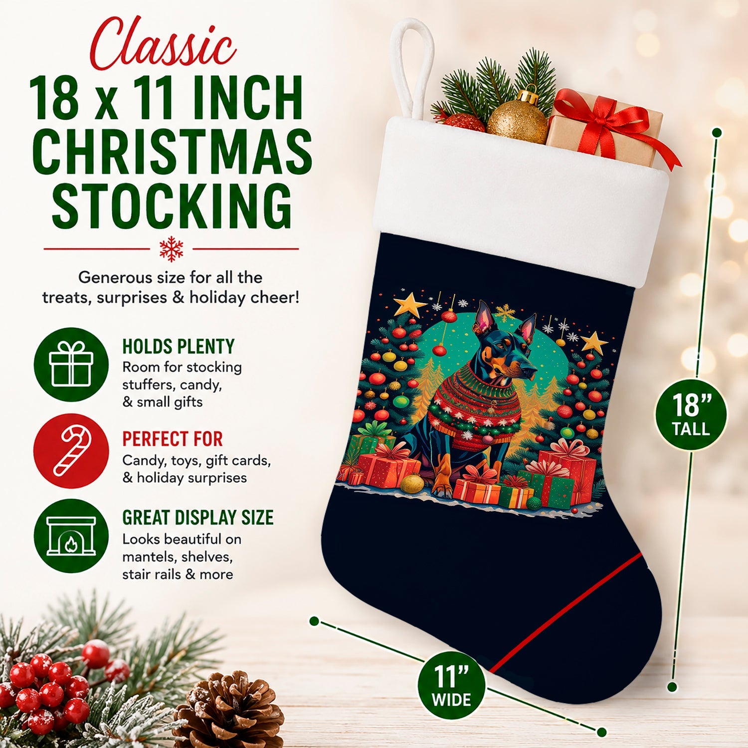 Doberman Pinscher Christmas Holiday Stocking Double-Sided Print, Polyester Suede,11x18, Made in USA