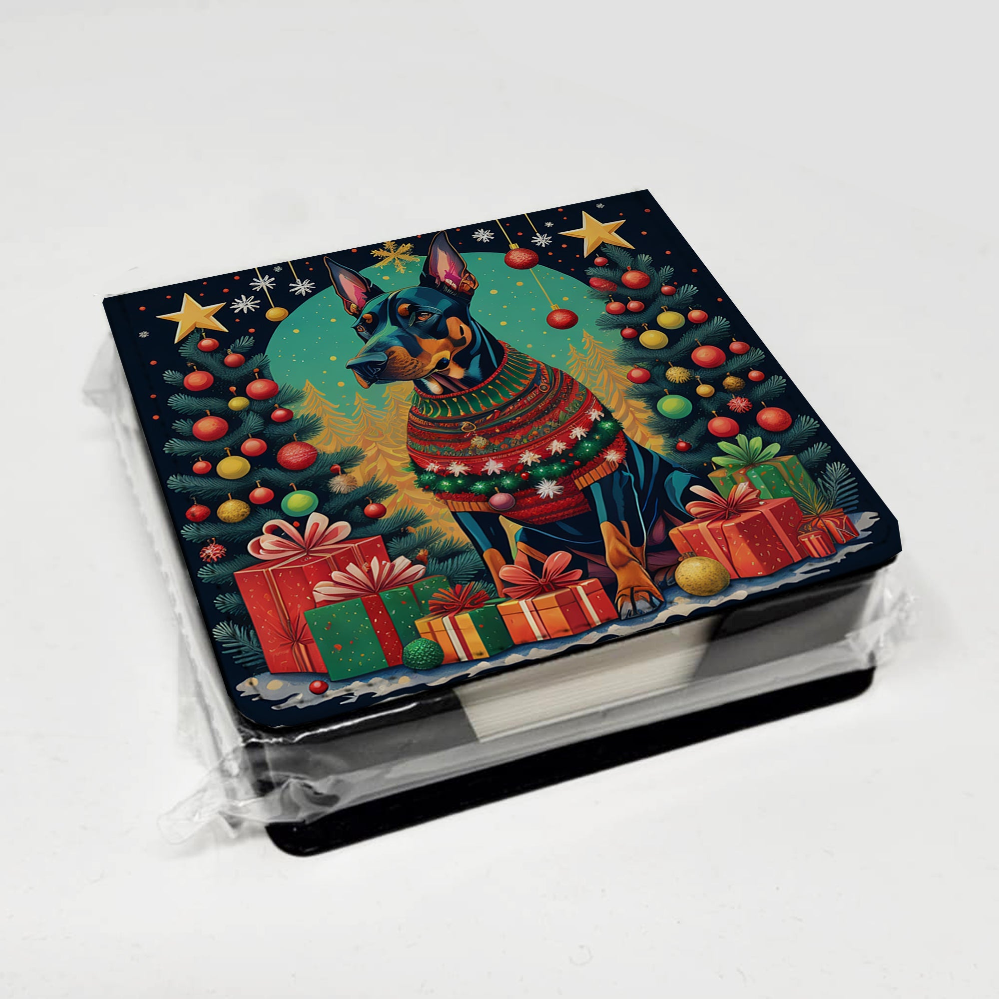 Doberman Pinscher Christmas PU Leather Note Paper Holder with Artist-Designed Cover, Desk Accessory, Office Gift