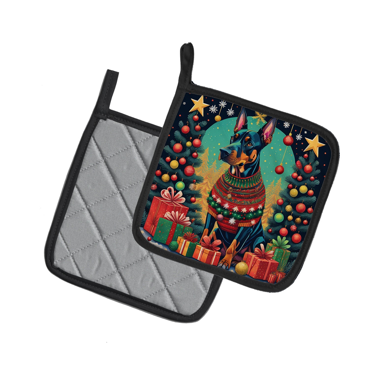 Doberman Pinscher Christmas Pot Holder Set of 2 Heat Resistant Quilted Hot Pads 7.5 x 7.5 Inch, Insulated Kitchen Trivets for Cooking & Baking