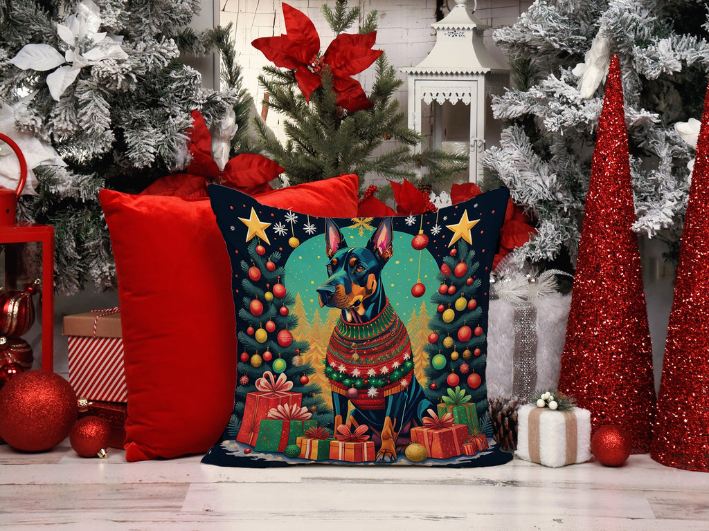 Doberman Pinscher Christmas Decorative Throw Pillow 14x14 Indoor Outdoor Accent Cushion, Fabric Cover with Insert for Sofa, Bed, Porch & Living Room