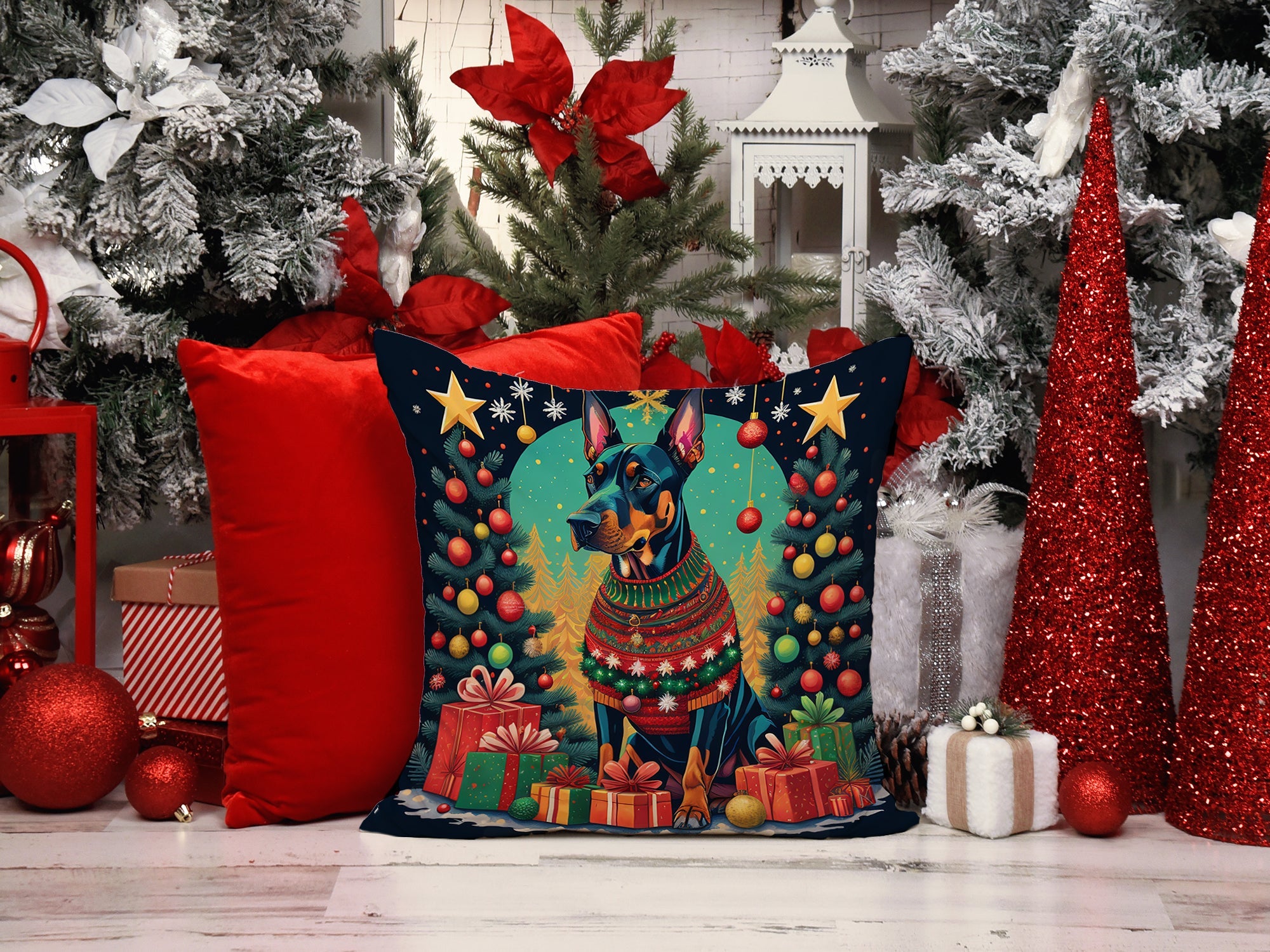 Doberman Pinscher Christmas Decorative Throw Pillow 18x18 Indoor Outdoor Accent Cushion, Fabric Cover with Insert for Sofa, Bed, Porch & Living Room