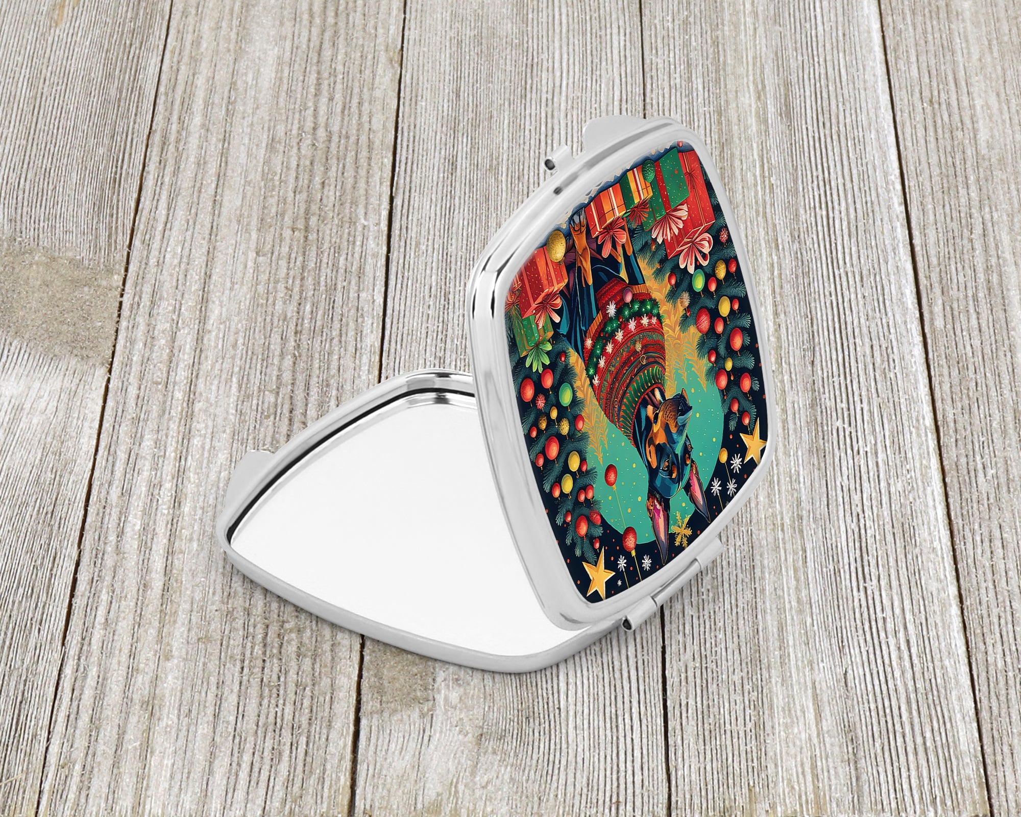 Doberman Pinscher Christmas Compact Mirror Decorative Travel Makeup Mirror for Women Girls Gifts Pocket Makeup Mirror Folding Handheld