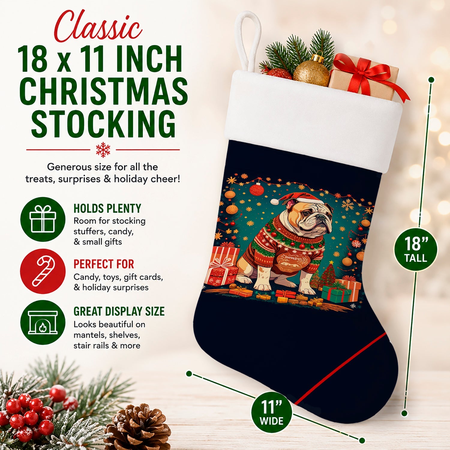 English Bulldog Christmas Holiday Stocking Double-Sided Print, Polyester Suede,11x18, Made in USA