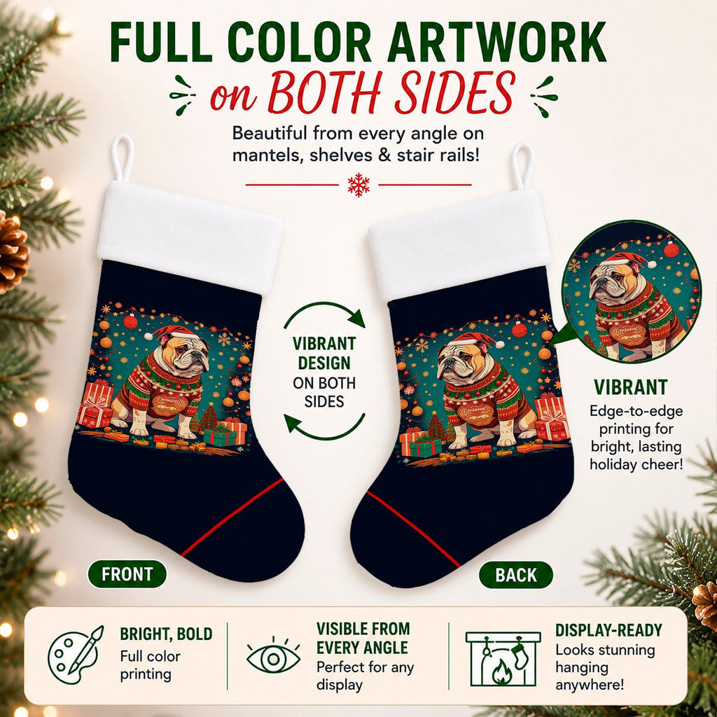 English Bulldog Christmas Holiday Stocking Double-Sided Print, Polyester Suede,11x18, Made in USA
