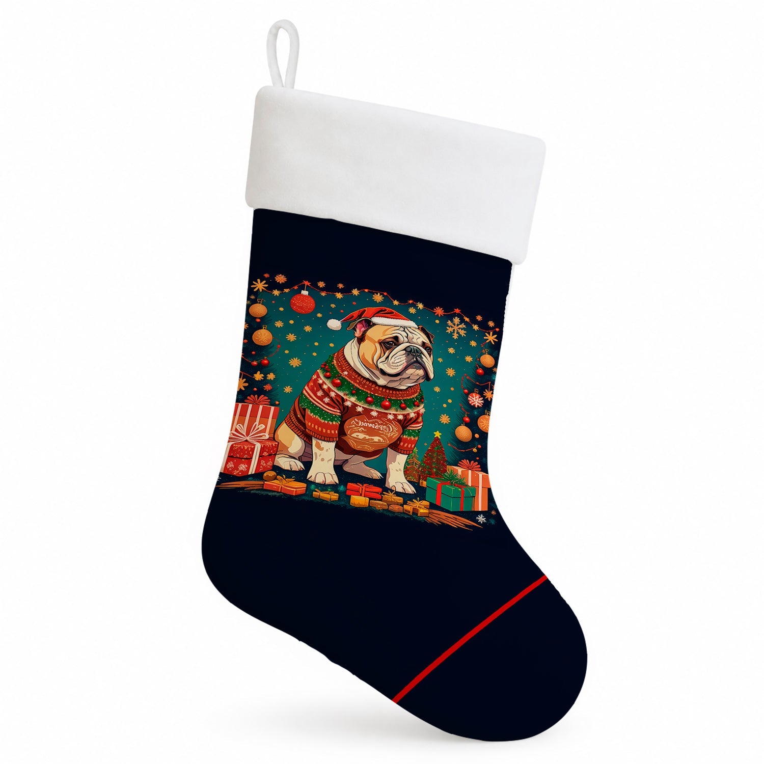 English Bulldog Christmas Holiday Stocking Double-Sided Print, Polyester Suede,11x18, Made in USA