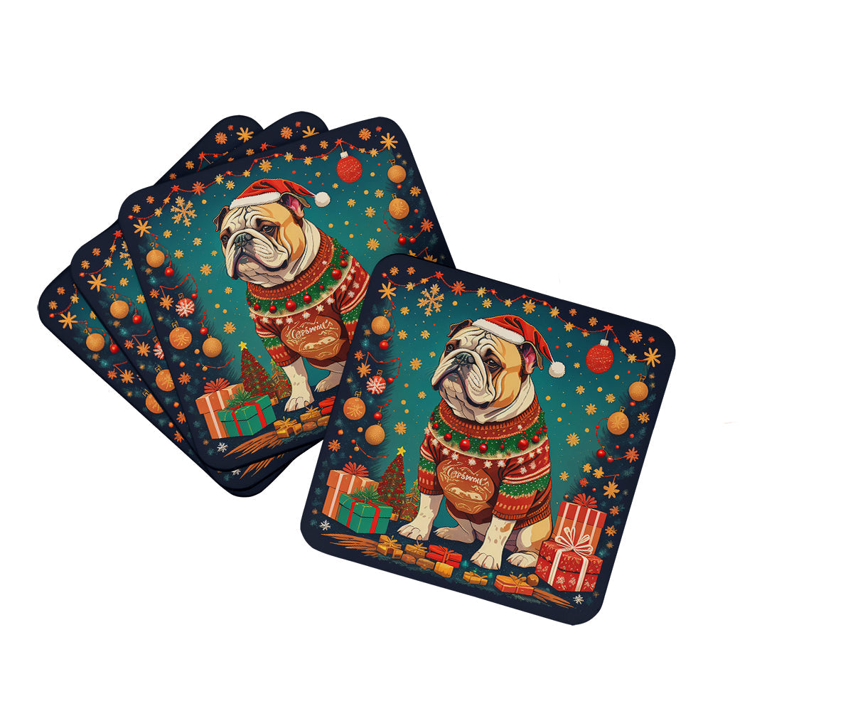 English Bulldog Christmas Foam Coasters Set of 4 Cup Coasters for Indoor Outdoor, Tabletop Protection, Anti Slip, Mouse pad Material