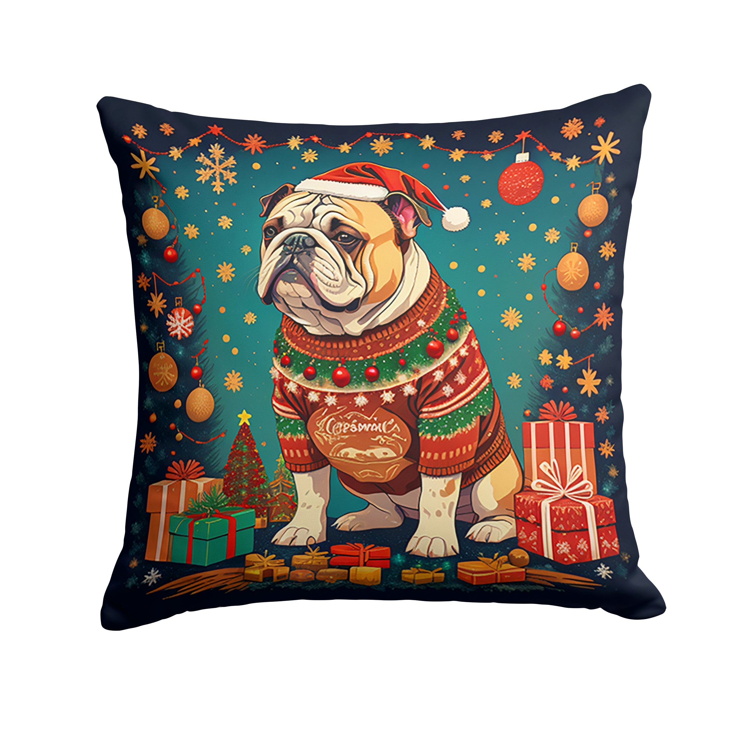 English Bulldog Christmas Decorative Throw Pillow 14x14 Indoor Outdoor Accent Cushion, Fabric Cover with Insert for Sofa, Bed, Porch & Living Room