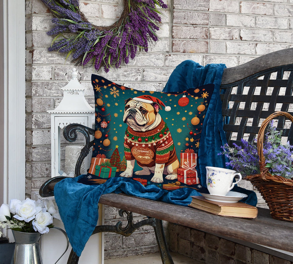 English Bulldog Christmas Decorative Throw Pillow 18x18 Indoor Outdoor Accent Cushion, Fabric Cover with Insert for Sofa, Bed, Porch & Living Room