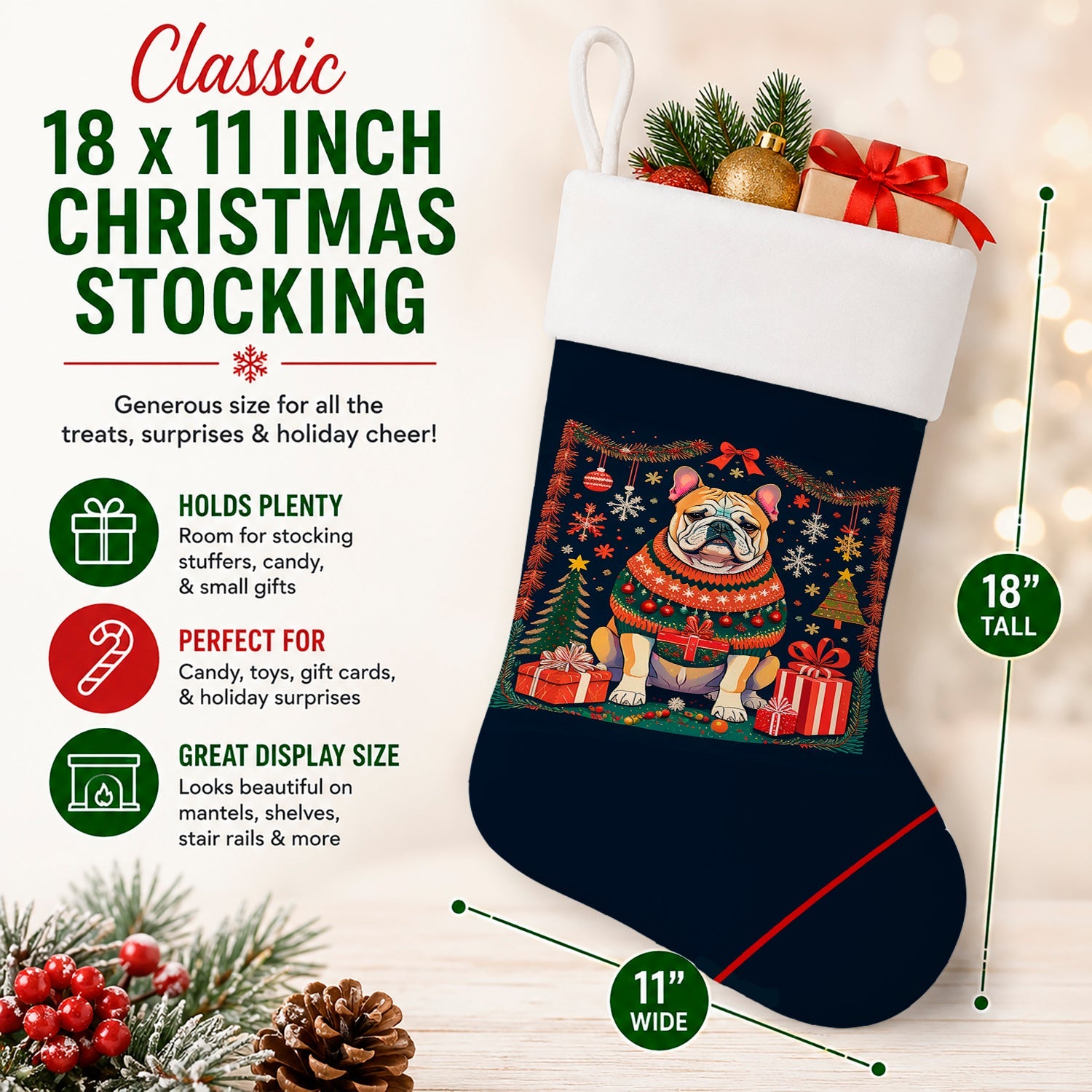 English Bulldog Christmas Holiday Stocking Double-Sided Print, Polyester Suede,11x18, Made in USA