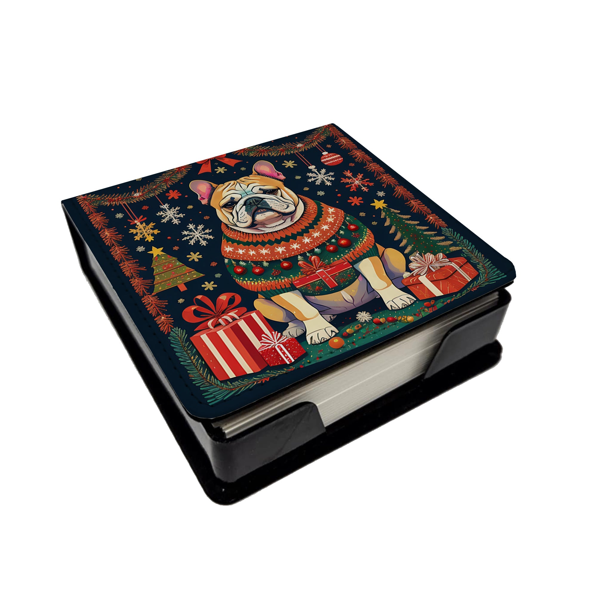 English Bulldog Christmas PU Leather Note Paper Holder with Artist-Designed Cover, Desk Accessory, Office Gift