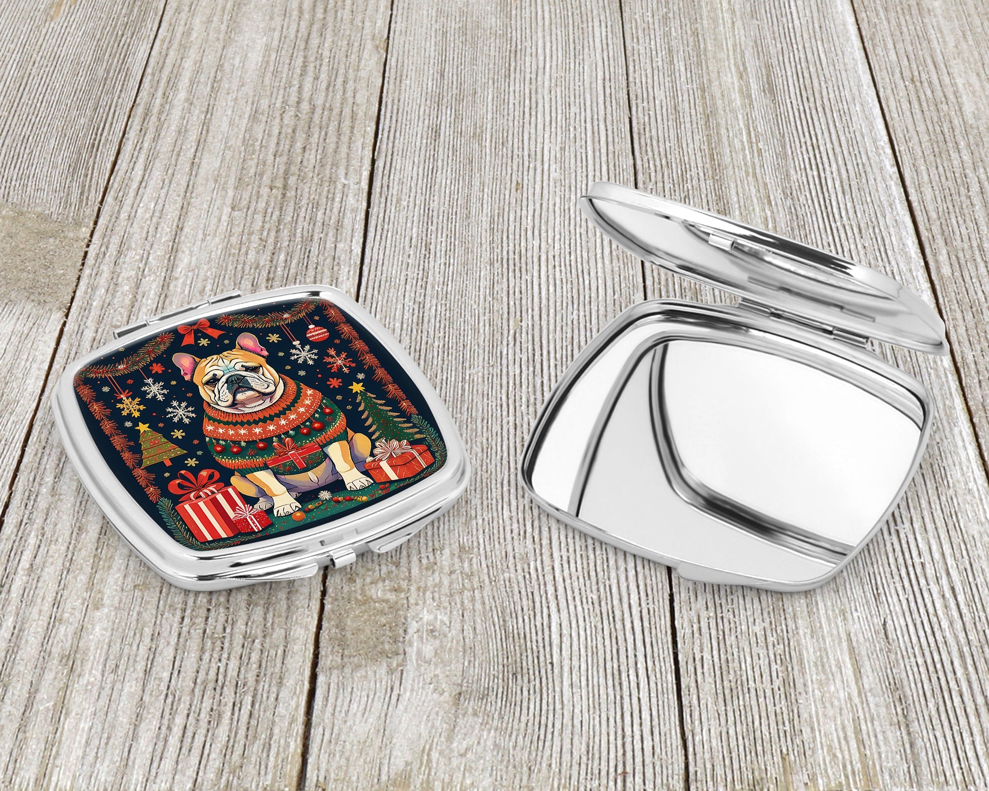 English Bulldog Christmas Compact Mirror Decorative Travel Makeup Mirror for Women Girls Gifts Pocket Makeup Mirror Folding Handheld