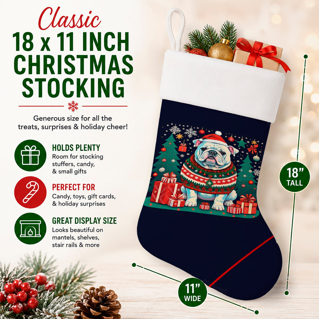 White English Bulldog Christmas Holiday Stocking Double-Sided Print, Polyester Suede,11x18, Made in USA