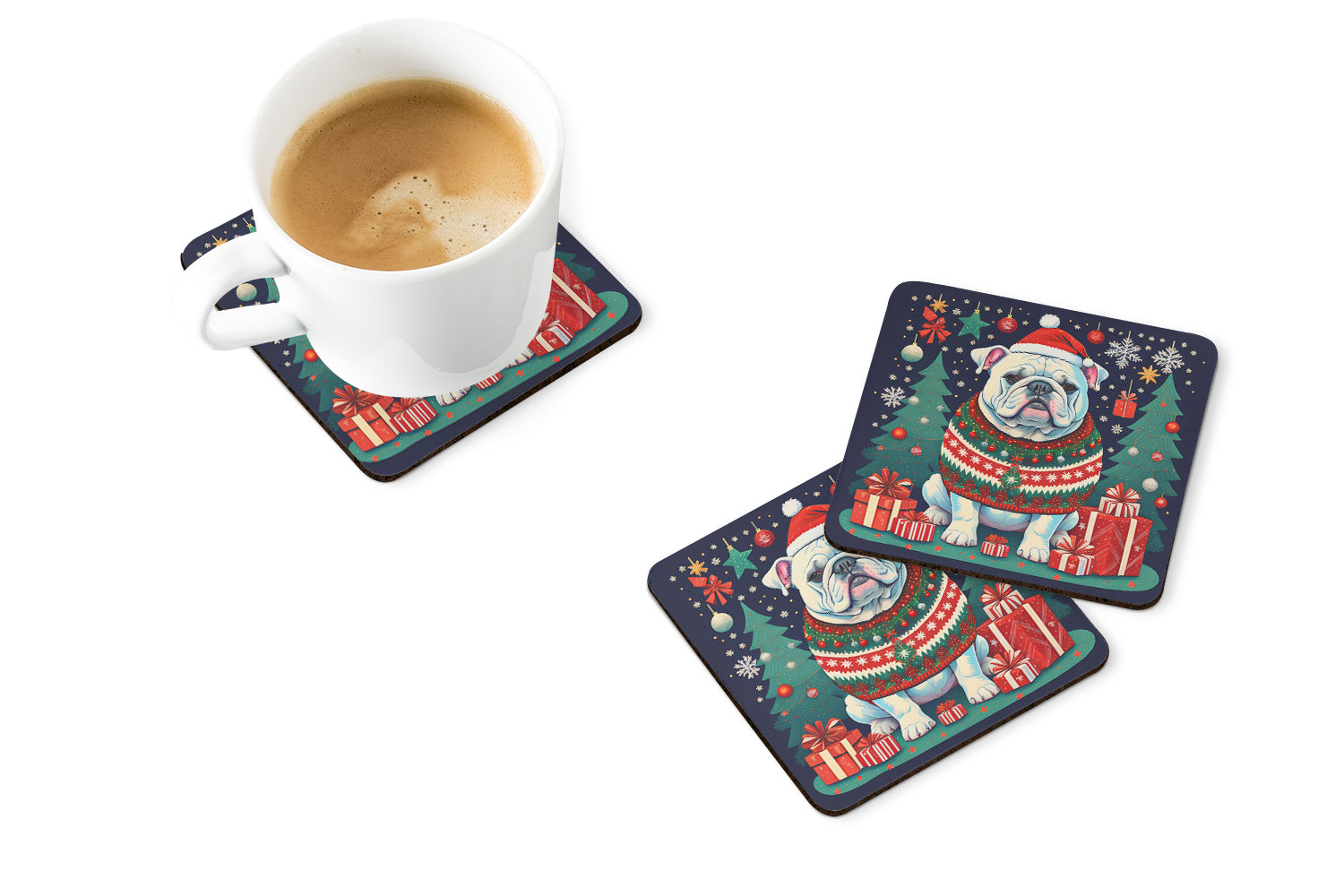 White English Bulldog Christmas Foam Coasters Set of 4 Cup Coasters for Indoor Outdoor, Tabletop Protection, Anti Slip, Mouse pad Material
