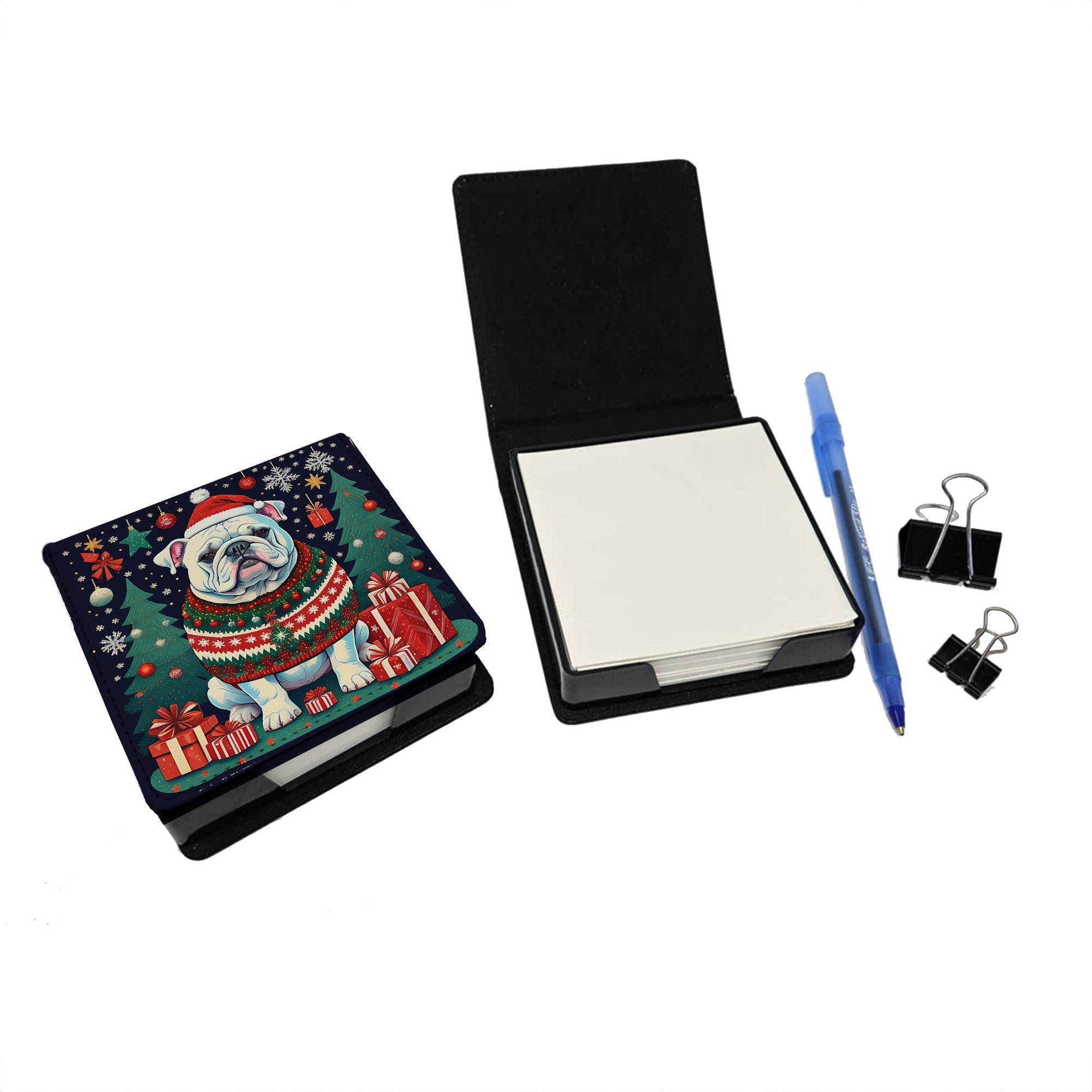White English Bulldog Christmas PU Leather Note Paper Holder with Artist-Designed Cover, Desk Accessory, Office Gift