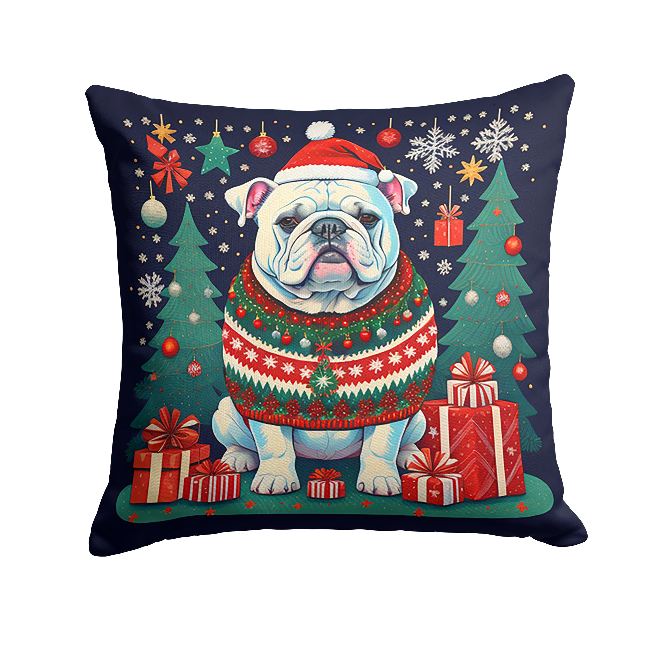 White English Bulldog Christmas Decorative Throw Pillow 14x14 Indoor Outdoor Accent Cushion, Fabric Cover with Insert for Sofa, Bed, Porch & Living Room