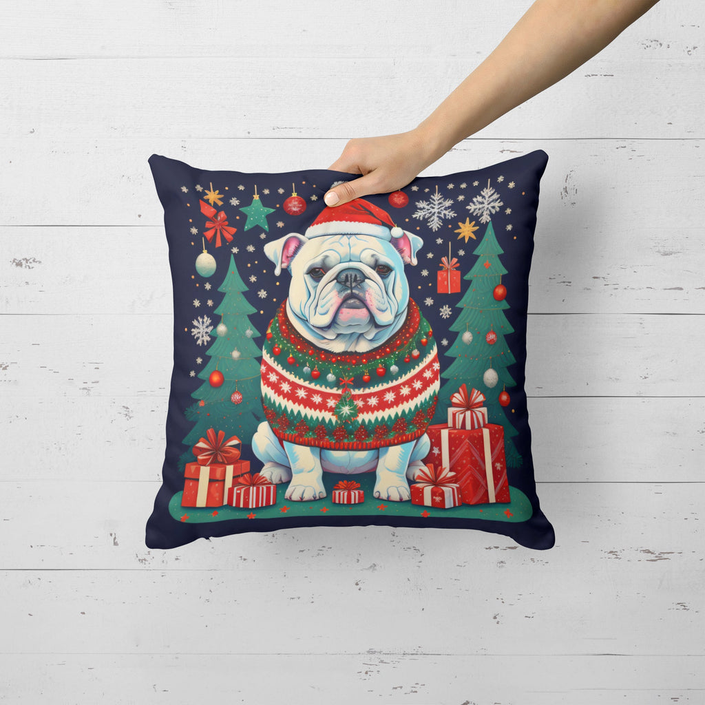 White English Bulldog Christmas Decorative Throw Pillow 14x14 Indoor Outdoor Accent Cushion, Fabric Cover with Insert for Sofa, Bed, Porch & Living Room