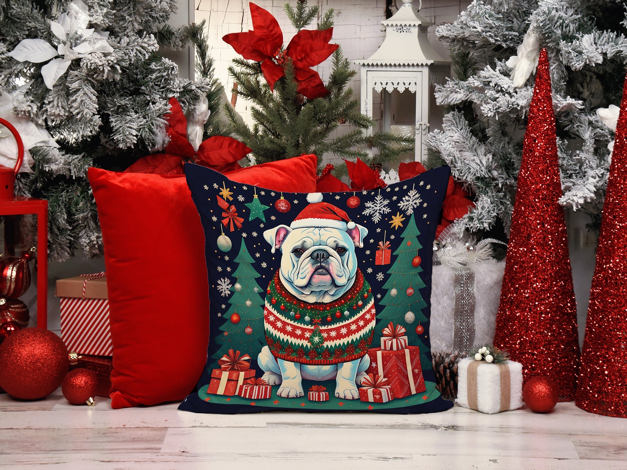 White English Bulldog Christmas Decorative Throw Pillow 14x14 Indoor Outdoor Accent Cushion, Fabric Cover with Insert for Sofa, Bed, Porch & Living Room
