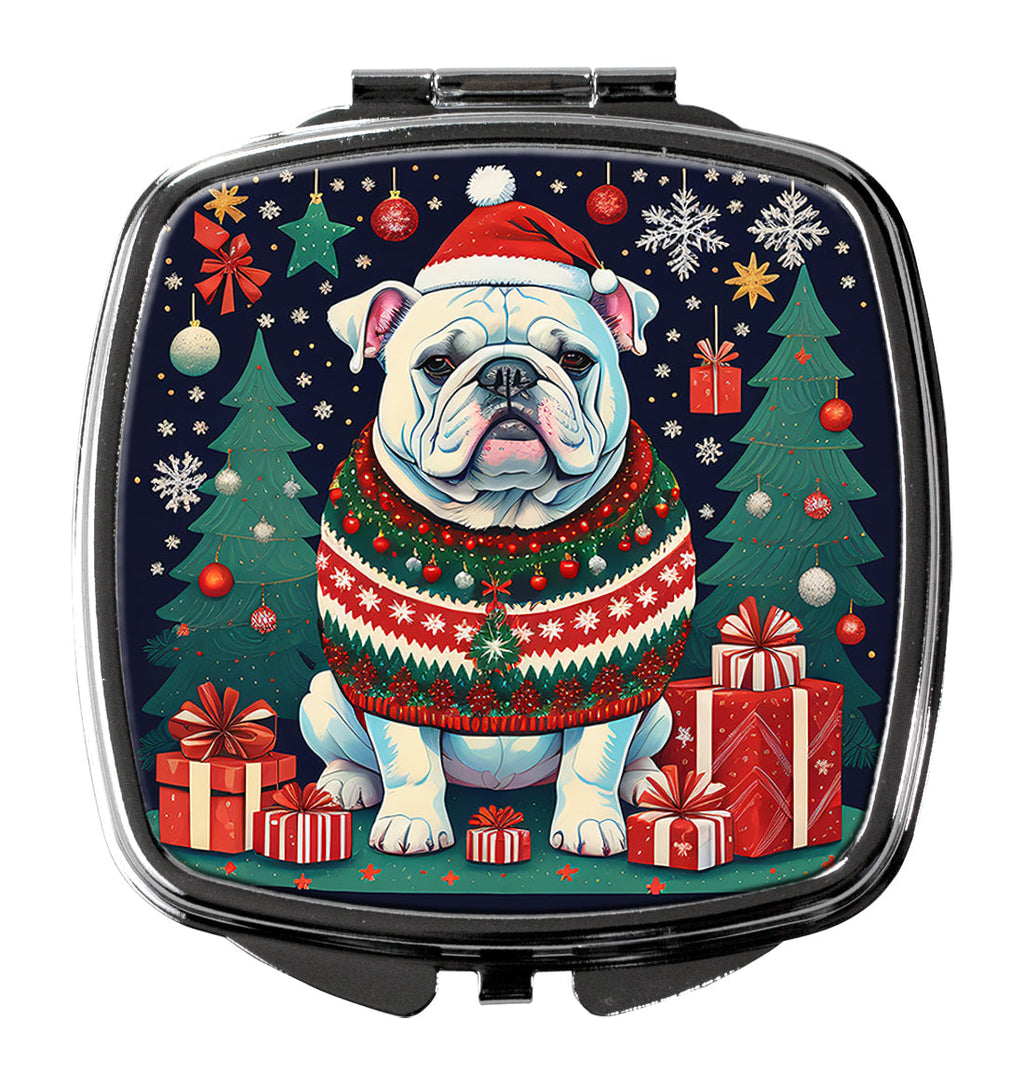 White English Bulldog Christmas Compact Mirror Decorative Travel Makeup Mirror for Women Girls Gifts Pocket Makeup Mirror Folding Handheld