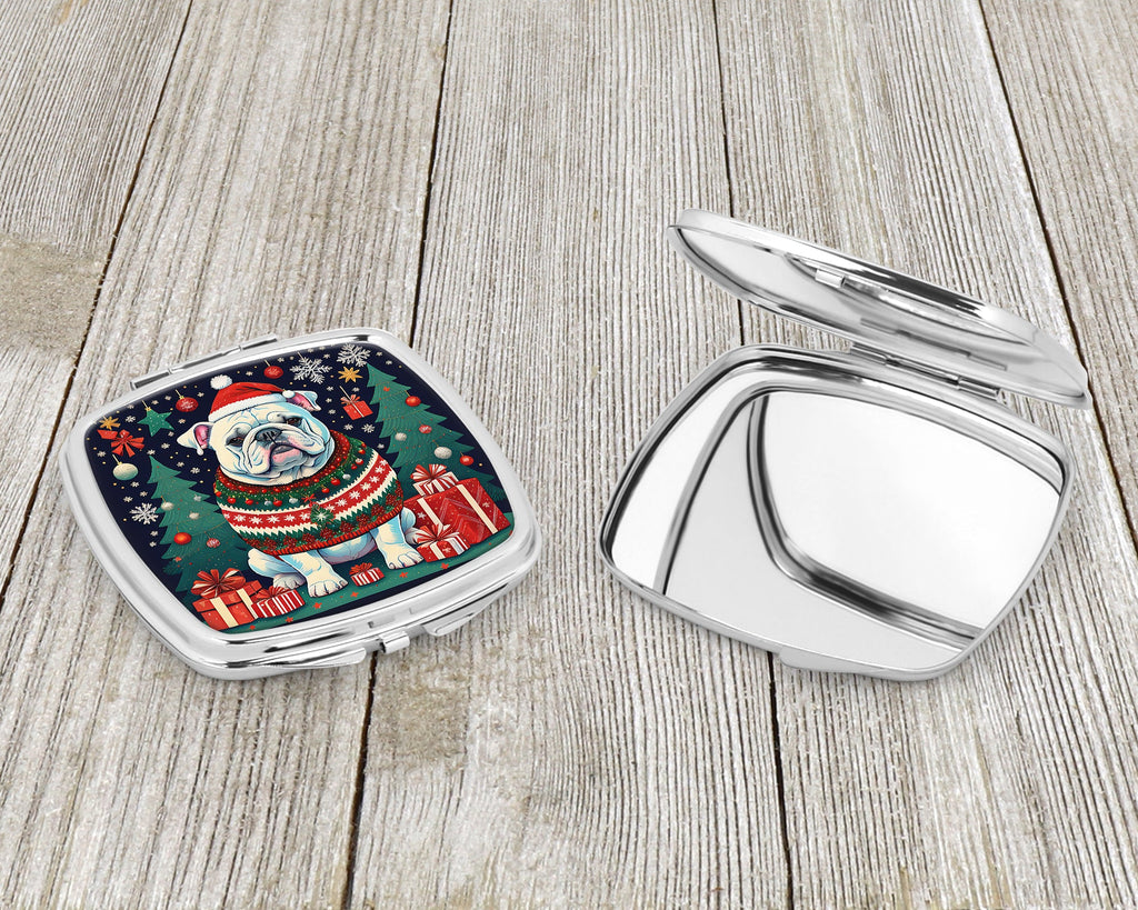 White English Bulldog Christmas Compact Mirror Decorative Travel Makeup Mirror for Women Girls Gifts Pocket Makeup Mirror Folding Handheld