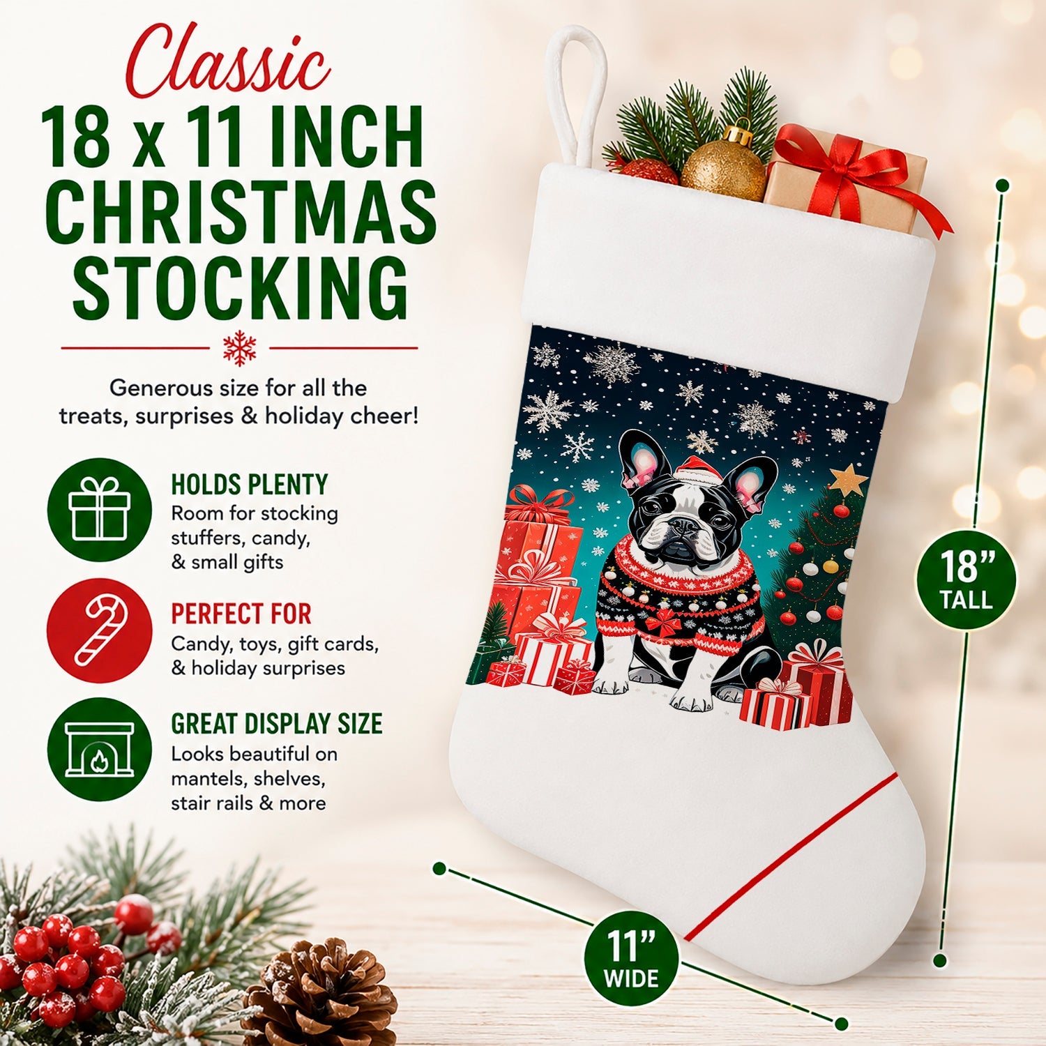 French Bulldog Christmas Holiday Stocking Double-Sided Print, Polyester Suede,11x18, Made in USA
