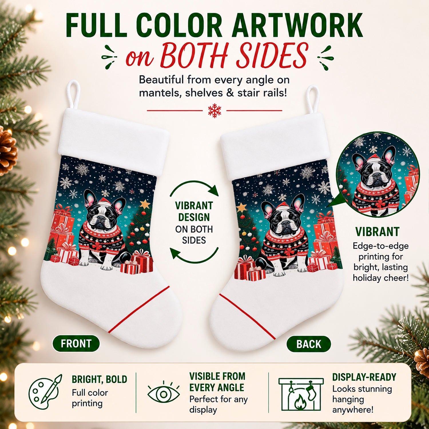 French Bulldog Christmas Holiday Stocking Double-Sided Print, Polyester Suede,11x18, Made in USA