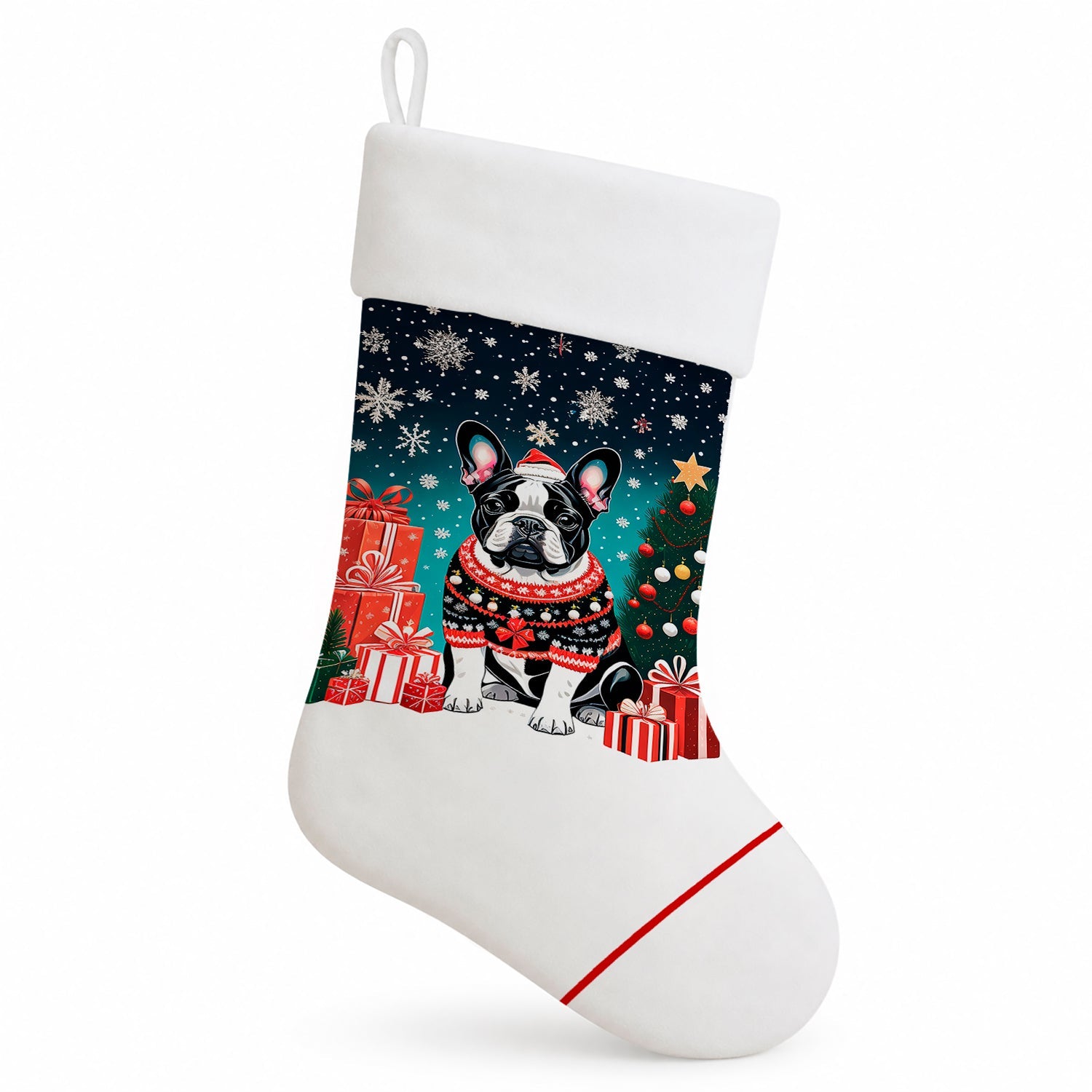 French Bulldog Christmas Holiday Stocking Double-Sided Print, Polyester Suede,11x18, Made in USA