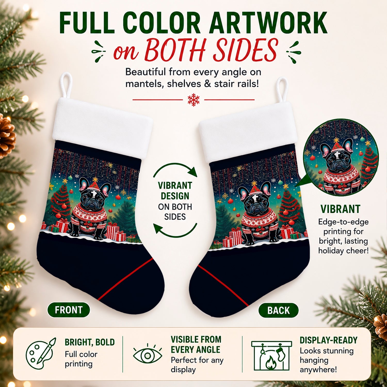 Black French Bulldog Christmas Holiday Stocking Double-Sided Print, Polyester Suede,11x18, Made in USA