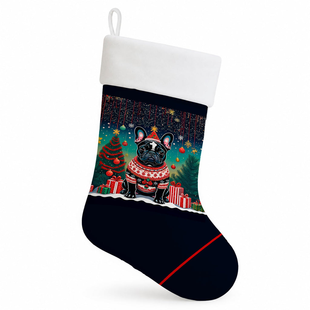 Black French Bulldog Christmas Holiday Stocking Double-Sided Print, Polyester Suede,11x18, Made in USA