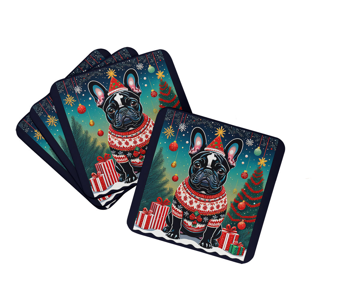 Black French Bulldog Christmas Foam Coasters Set of 4 Cup Coasters for Indoor Outdoor, Tabletop Protection, Anti Slip, Mouse pad Material