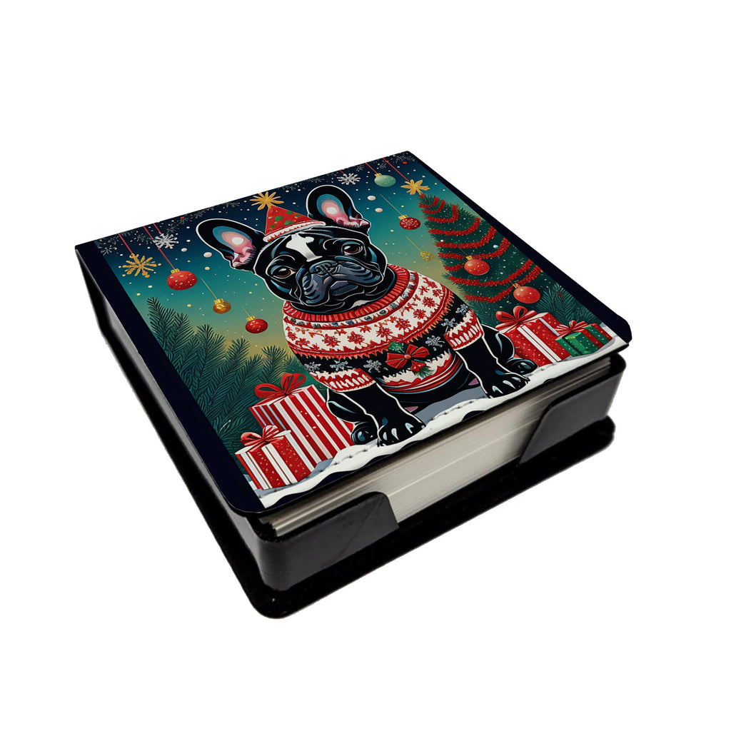 Black French Bulldog Christmas PU Leather Note Paper Holder with Artist-Designed Cover, Desk Accessory, Office Gift