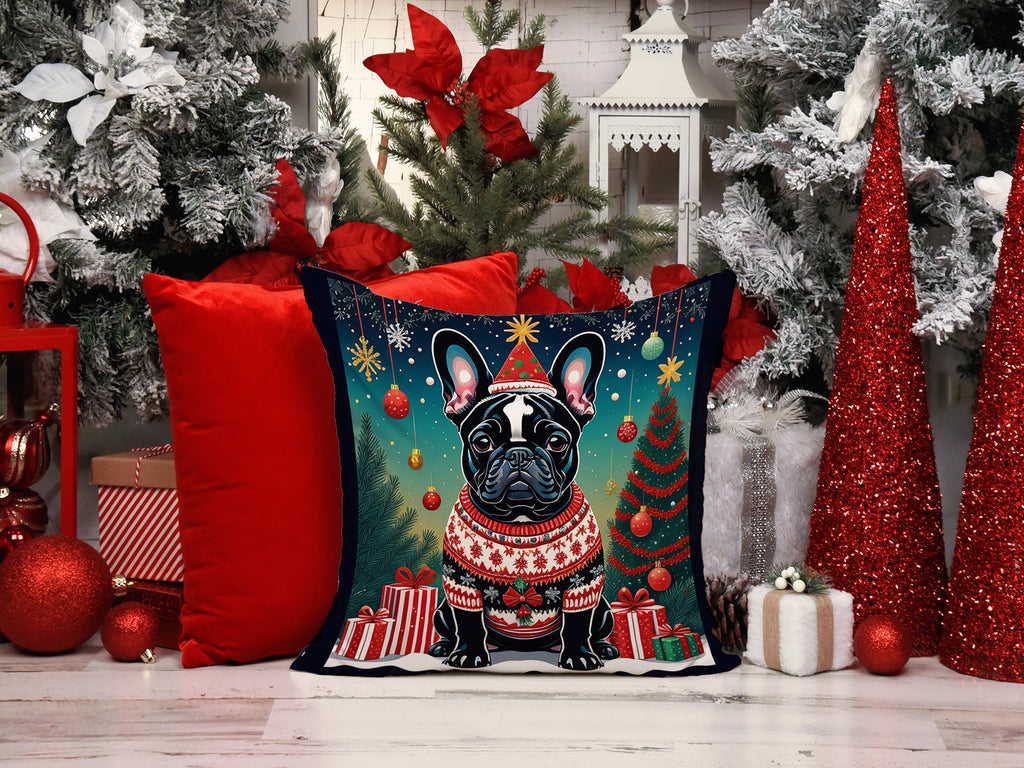 Black French Bulldog Christmas Decorative Throw Pillow 18x18 Indoor Outdoor Accent Cushion, Fabric Cover with Insert for Sofa, Bed, Porch & Living Room