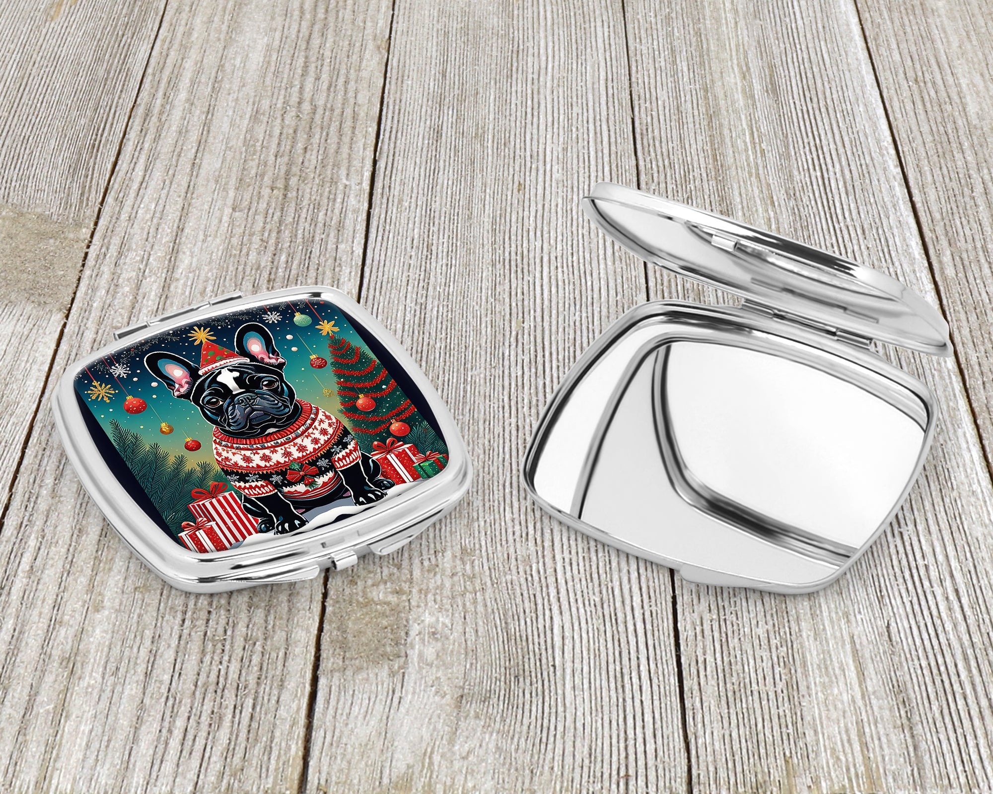 Black French Bulldog Christmas Compact Mirror Decorative Travel Makeup Mirror for Women Girls Gifts Pocket Makeup Mirror Folding Handheld