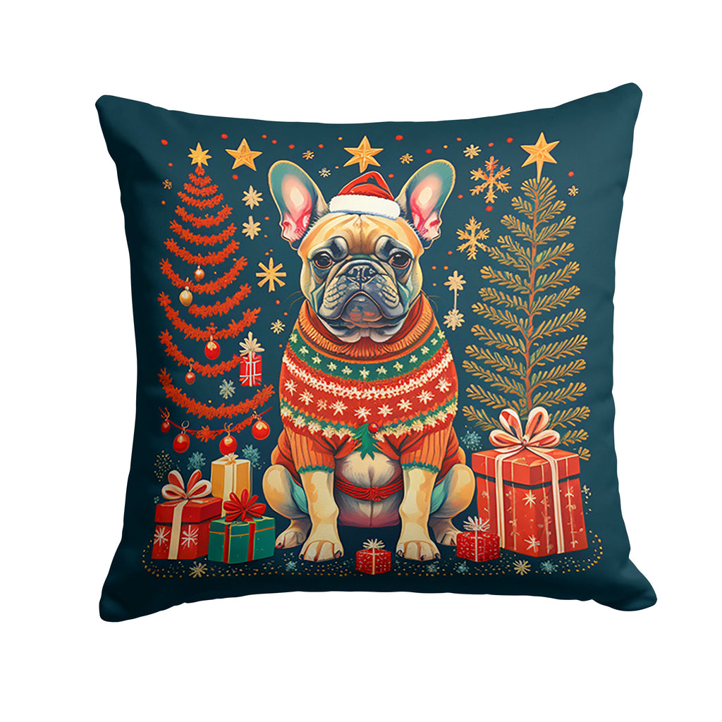 Fawn French Bulldog Christmas Decorative Throw Pillow 14x14 Indoor Outdoor Accent Cushion, Fabric Cover with Insert for Sofa, Bed, Porch & Living Room