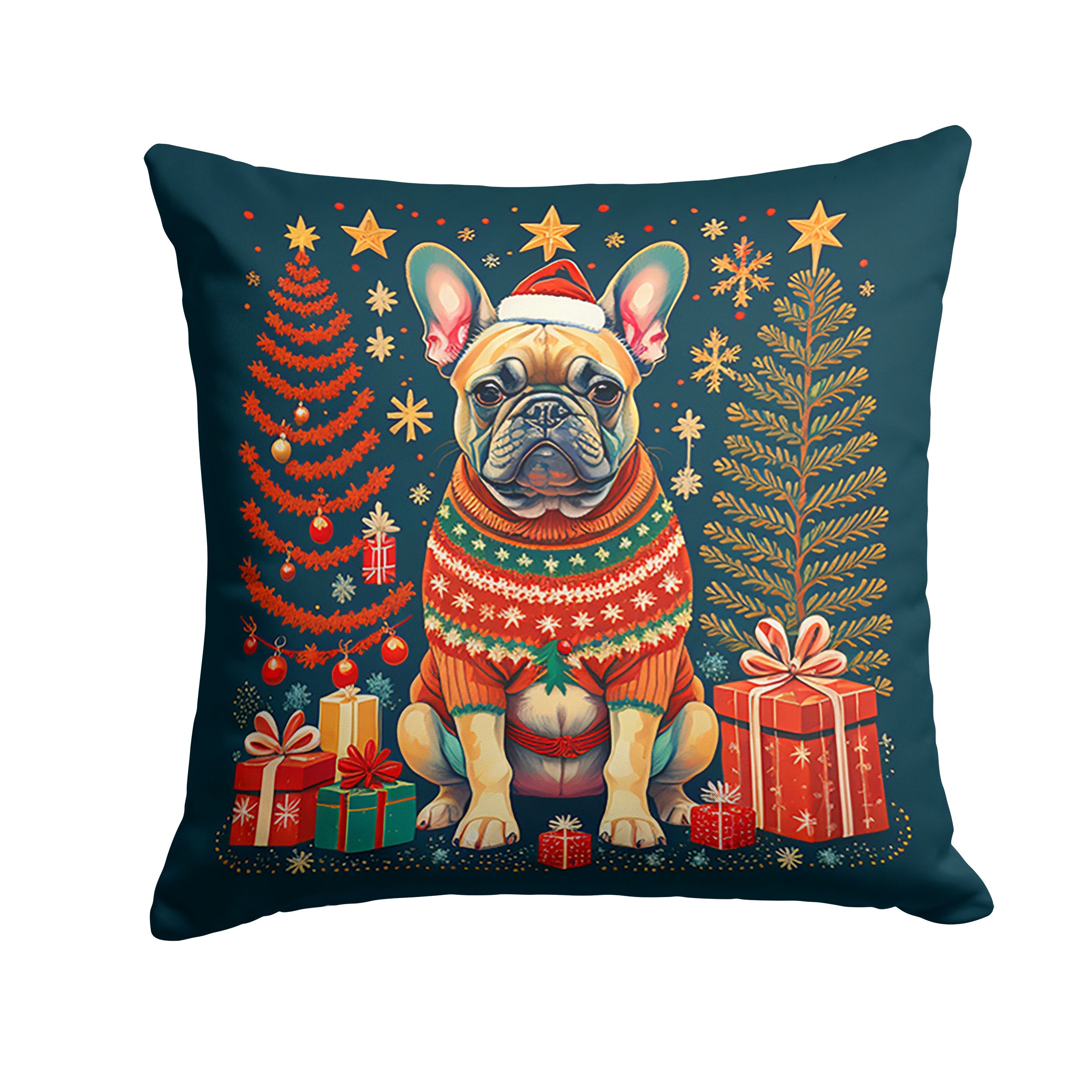 Fawn French Bulldog Christmas Decorative Throw Pillow 14x14 Indoor Outdoor Accent Cushion, Fabric Cover with Insert for Sofa, Bed, Porch & Living Room